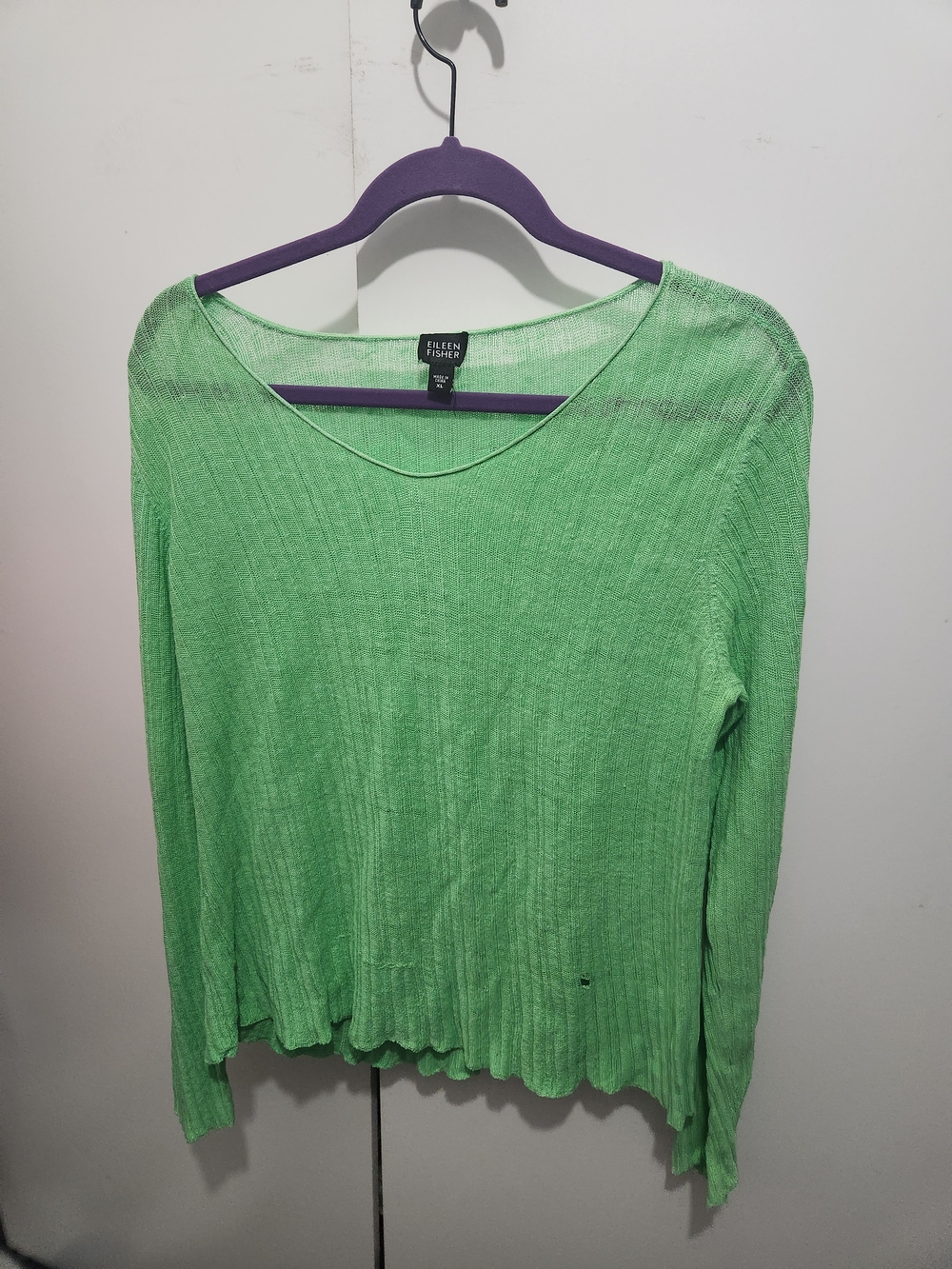 Eileen Fisher Bright Green Lightweight Ribbed Long-Sleeve Top
